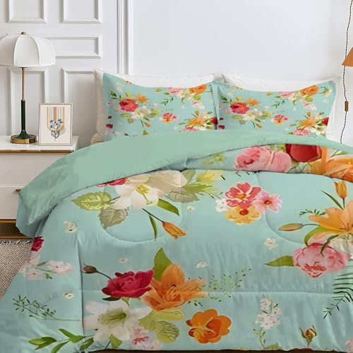 Bettdecke 135x200 4 Jahreszeiten, Wende Bunt Blumen Steppdecke Waschbare, Bettdecke ohne Bezug Nutzbar, Leicht Weiche Schlafdecke 200GSM, Ganzjahresdecke Hellblau mit 1 Kissenbezug (ohne Kissen)