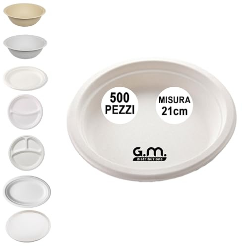 G.M. DISTRIBUZIONE 500 Piatti Fondo/Ciotola Bianchi in Polpa di Cellulosa 21cm, Ideale per Cibi Caldi e Freddi, Piatti Imperameabili Usa e Getta Adatti al Microonde, Biodegradabili e Compostabili