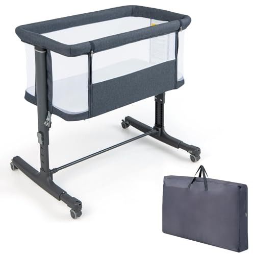 COSTWAY 3-i-1 sidosäng, resesäng baby med madrass, babyvagga och barnsäng, justerbar i 5 steg, sittvagn med bärväska kan belastas upp till 9 kg (mörkgrå)