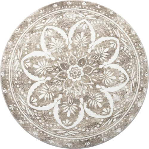 Carvapet Teppich Rund 90cm Weich und Flauschig Teppich Gegend Kreis rutschfest Waschbar Böhmisches Blume Bodenteppich Wohnzimmer Schlafzimmer(Taupe)