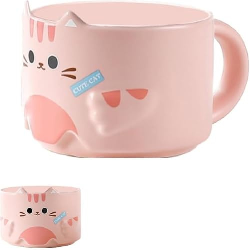 Huiyiwert Niedliche Katze Kaffeetasse 300ml Porzellanbecher Stapelbare Teetasse Süße Katzentasse Keramik Kaffeebecher Geschenk für Jubiläum Engagement Valentinstag, Geburtstag (Rosa)