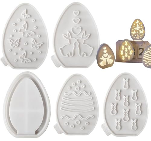 Moldes para huevos de Pascua para resina epoxi, 5 moldes de silicona con forma de huevo de Pascua, molde para hornear conejito de Pascua, molde de yeso de Pascua para fondant, moldes para huevos de Pa