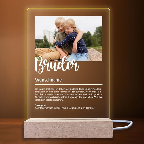 INDIGOS UG - LED Lampe personalisiert - Bruder Definition - Bild mit Wunschtext - Wunschname - personalisiertes Nachtlicht - Geschenk, Geburtstag, Weihnachten - optionale Lampe warmweiß