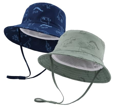SEYUFN Bob Sonnenhut Baby-Fischerhut mit breiter Krempe Sonnenhut mädchen Verstellbarer Baumwollhut UV-Schutz Sommerhut für Kinder(Grüner Dinosaurier+Königsblauer Dinosaurier,2-4 Jahre)