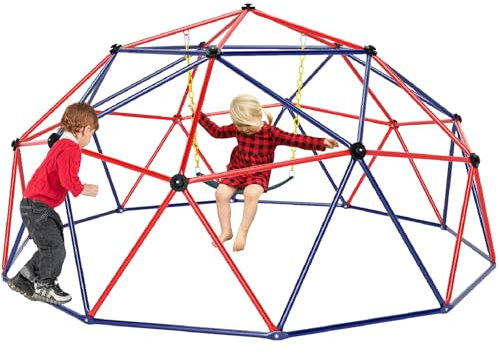 Maxmass 10FT Kids Climbing Dome, Children Climber Monkey Bars with Swing, Outdoor Indoor Toddler Climbing Frame Jungle Gym Play Center for 3-12 Years Old, Up to 350KG (Blue+Red)