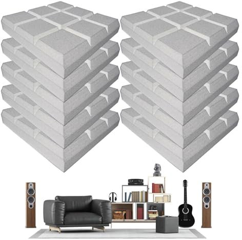 Espuma absorbente de sonido, paneles a prueba de sonido para paredes | 10x Paneles de cuña de cancelación de ruido - Almohadilla acústica 3D resistente al fuego de alta densidad de 12x12x2 pulgadas pa