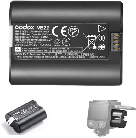 GODOX VB22 Batterie au Lithium pour Godox V480 V1 Mid V350 Flash | Pour V480S V480C V480N V480F V1Mid-N V1Mid-S V1Mid-C V1Mid-F V1Mid-O, 7,2V 2200mAh Batterie Rechargeable, Recharge Via USB-C
