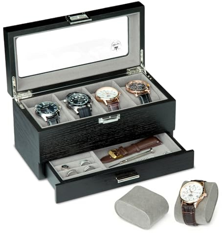Slege Boîte à Montres en Bois,Fabriqué à Main,4 Emplacements avec Tiroir de Valet,Boîte à Montres pour Homme et Femme,Boîte de Rangement,avec Couvercle en Verre,Support de Montre,Watch Box Cadeau