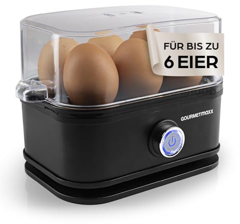 GOURMETmaxx Cuiseur à œufs pour 6 œufs | Cuiseur à œufs avec pique-œuf dans le gobelet doseur | Avec 3 niveaux de cuisson – pour chaque coquetier | Design noir - pièces lavables au lave-vaisselle