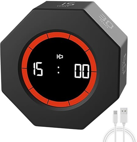 Digital Schwerkraft Flip Timer Cube & Würfel-Design – 1/3/5/15/30/60/90 Min Countdown/Countup, Pomodoro Productivity Timer Mit Stummalarm, Wiederaufladbar Für Küche, Lernen, Sport, Büro (Schwarz)