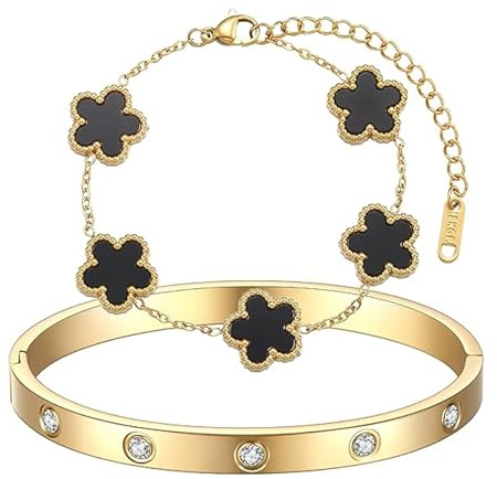 LIUYIDM 18K Vergoldet Kleeblatt Armband Goldener Fünfblättriger Kleeblattschmuck Armbänder Gold Elegante Accessoires Armband, Glückssymbolgeschenke für Den Alltag, Geburtstage, Hochzeiten
