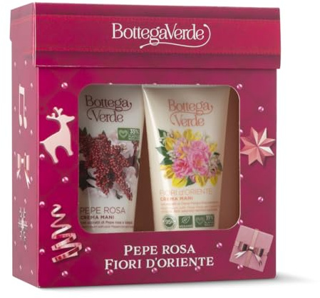 Bottega Verde - Cofanetto Regalo con 2 Creme Mani, con Fiori d’Oriente 75 ml e Pepe Rosa 75 ml, Profumate e Nutrienti, Idea Regalo