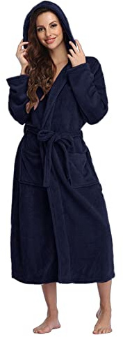 Generisch Bademantel Morgenmantel Damen,Leicht Lang mit Kapuze Flauschig Frottee Schlafmantel Einfarbig Casual Fleece Hausmantel Bequemer Reisebademantel Kapuzenbademantel Navy L