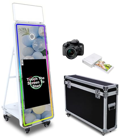 Cabine photo miroir avec écran tactile de 43, appareil photo reflex numérique avec logiciel d'éclairage RVB et étui de transport pour location d'événements et de fêtes (ensemble complet)