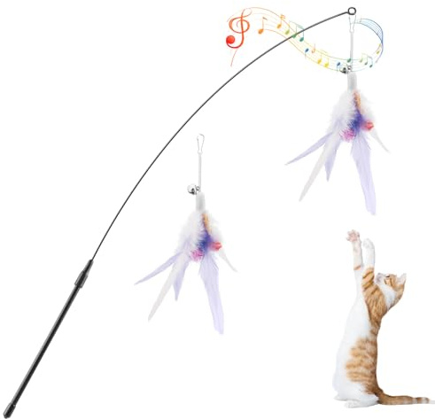 Pawaboo Katzenspielzeug Interaktives Katzenangel Katze Spielzeug Katzen | Spielstab Katzenspielzeug-Stab mit 2 Stück Federn und 88cm Stab und Glocken für Kätzchen oder Katze, Violett