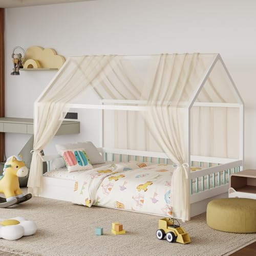 GFCC Hausbett Himmel Set，2 Stück Betthimmel Hausbett 150x350 cm Beige | Tüll Hausbett Vorhang für Hausbett Deko, Betthimmel Hausbett Bettvorhang für Mädchen & Jungen Kinderzimmer Deko
