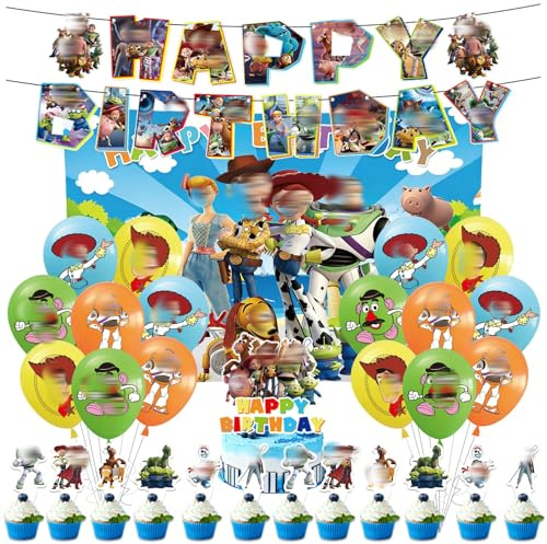 Toy Inspired Story Birthday Decorations, 31Pcs Birthday Party Decorations with Balloons Cake Toppers Banner Background Cloth for Fans Kids Boys