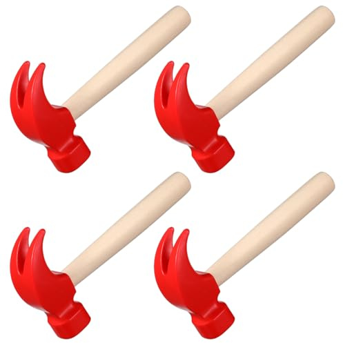 NOLITOY 4 Pack Kids Wooden Hammers for Pretend Construction Play Set | Wood and Plastic Build, Red Mallet Shape Supports Pretend Play, Compact Handles for Small Hands, For Playtime with Parents