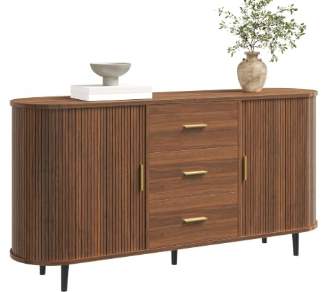 HAINEW HD26070306 Buffet Commode avec 2 portes coulissantes et 3 tiroirs, armoire d'appoint avec bords arrondis, 160 x 40 x 80,5 cm, noyer