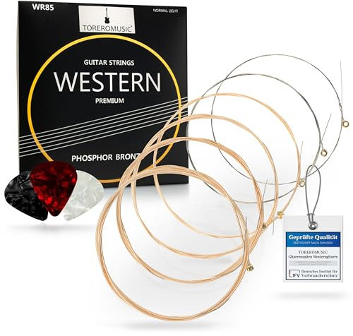 TOREROMUSIC® - Gitarrensaiten Akustikgitarre (011-052). Premium Stahlsaiten im 6-Saiten-Set für Western-Gitarre und Akustikgitarre inklusive 3 Plektren.