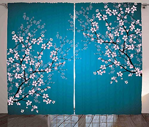 ABAKUHAUS Japonais Rideaux, Motif Sakura Bloom, Décoration Intérieure Accent Lot de 2 Panneaux, 280 x 175 cm, Bleu pétrole Rose Clair
