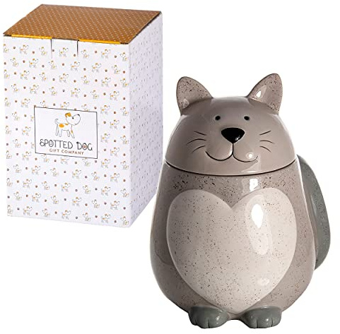 SPOTTED DOG GIFT COMPANY Vorratsdose Keramik mit Deckel,Vorratsbehälter Aufbewahrungdose für Kaffee Tee Leckerli Zucker Dose, Katzenmotiv süß Katzenform, Geschenke für Katzenliebhaber (Grau)