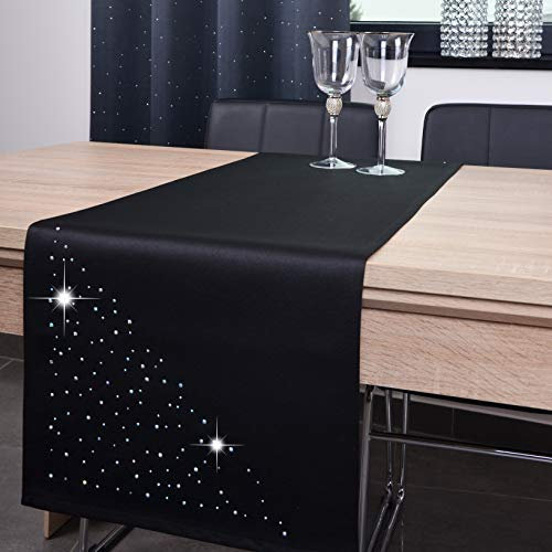 DECOOR Tischläufer Tischdecke 40 x 140 cm schmutzabweisend aus Stoff 200 g/m² Tischunterlage für Esstisch Tischdecke mit Kristallen verziert pflegeleicht Tischdeko, Schwarz