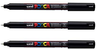 POSCA - Uni Mitsubishi Pencil - 3 pennarelli neri PC1MR punta extra fine calibrata 0,7 mm - Pennarello a base d'acqua - qualsiasi supporto - per carta, tessuto, vetro, ciottoli, ecc.