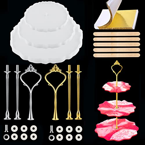 MSDADA Kuchenständer Epoxidharz Formen Set, 3 Ebenen Unregelmäßige Kuchenteller Harz Form Rundguss Silikonform Wiederverwendbar DIY Obst Halter Tablett Handwerk für Home Party Hochzeit Dekoration