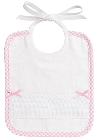 Filet - Lätzchen aus Weichem Weißem Chenille-Frottee mit Aida-Band zum Besticken und Satinschleifen, Ideal zum Schutz der Babykleidung, 100% Made in Italy, Farbe Rosa