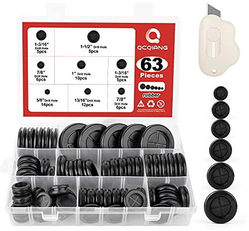 QCQIANG 63Pcs Rubber Grommet Kit, Drill Hole Firewall Hole Plugs Wire Protection, 6 Sizes 5/8 13/16 7/8 1 1-3/16 1-1/2(Round)
