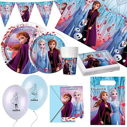 Disney Frozen Pack de Fiesta decoración Frozen, 64 Piezas (Vasos, Platos, servilletas, Mantel, Globos, invitación), 8 comensales, Vajilla Infantil desechable (71996)