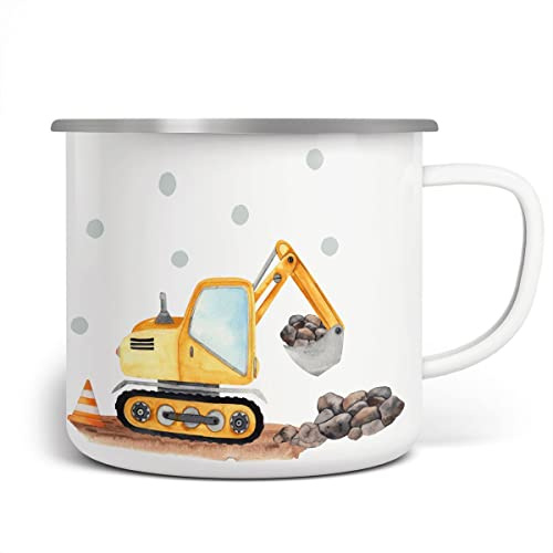 miKalino Emaille Tasse Jungs - Trinkbecher Kinder - Becher mit Bagger-Motiv - Kindertasse mit Baggermaschine - bedruckt mit Bagger - Emaille Becher Weiß