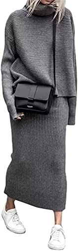 ZIBLER Set di gonne lavorate a maglia invernali da donna in 2 pezzi - Maglione dolcevita a costine spesse con gonna lunga a tubino (Grigio,XXL)