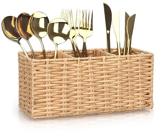 Ayiaren Wicker Flatware Silverware Caddy Cutlery Holder Kitchen Silverware Organizer Storage for Countertop Small Utensil Holders Party Table Spoon Knives Fork Holder Flatware Utensils Caddy Basket