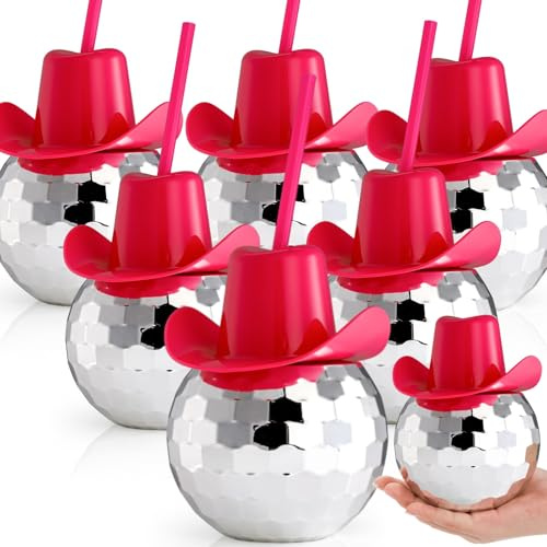 Noamus 6 Packs Disco Ball Cup Pink Straw, 22 OZ Flash Ball Party Cups with Cowboy Hat Lid, Silver Glitter Cocktail Spherical Cup, Wine Drinking Glass Syrup Tea Bottle for Bar Nightclub Supply