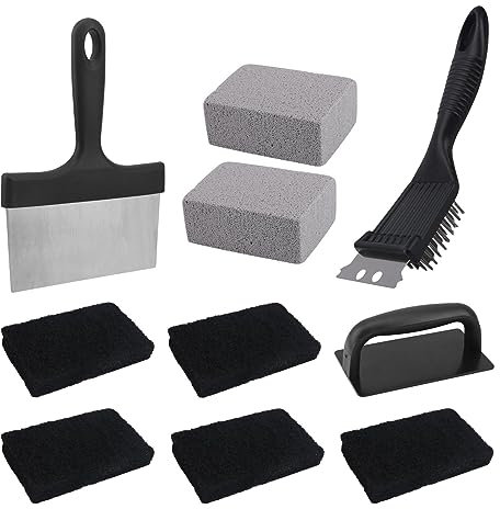 Lam-lord 10pcs Set Griddle Cleaning Kit for Black Stone, Heavy Duty Grill Cleaner Kit with Grill Stone, Griddle Scraper,Griddle Brush with Stainless Steel Handle(black+silver)