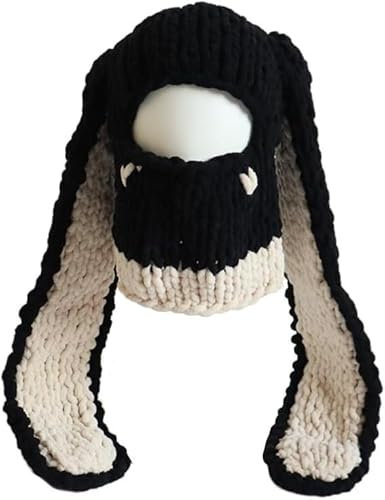 LUXRUB Lustige Y2K Strick Sturmhaube Gesichtsmaske Für Erwachsene Hasenohren Winter Ski Warmer Schal Totenkopf Mütze Halloween Kreative Kopfbedeckung (Color : Bunny Ear-Black/Beige, Size : One Size)