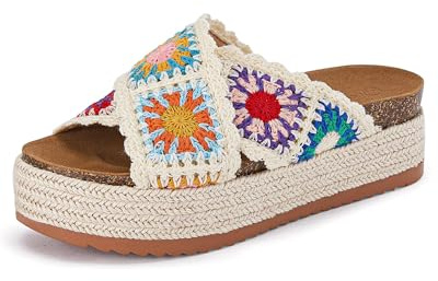 Coutgo Womens Platform Espadrille Sandals Flatform Floral Crochet Cork Open Toe Summer Beach Slide Sandals, Beige, Size 10