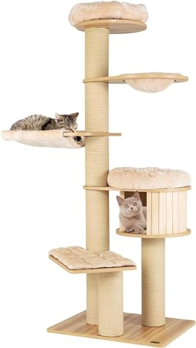 GOPLUS Árbol para Gatos de 191 cm con 3 Plataformas, Cesta, Hamaca, Cueva para Gatos y Postes Rascadores, Árbol Trepador Estable con Cojín de Felpa Extraíble, Casa para Gatos de Varios Pisos, Beige