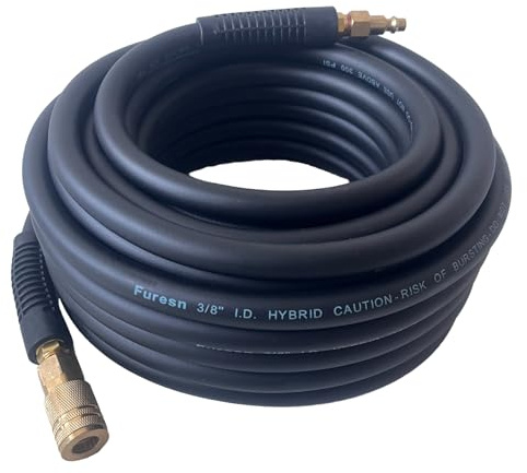 Air Hose 3/8 in x 50 ft, Heavy Duty, Lightweight, Kink Resistant, Hybrid Air Compressor Hose with 1/4 in Solid Brass Male Fittings, Bend Restrictors, 300 PSI (50FT, Black)