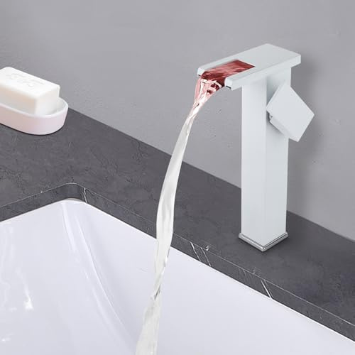 LED Wasserfall Wasserhahn, Edelstahl Licht Waschtisch Armatur, Hohe Badezimmer Mischbatterie, mit 2* Rohre, ür Waschtischmischer Badarmatur Badzimmer WC (Weiß)
