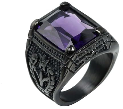 OAKKY Herren Edelstahl Jahrgang Quadratischer großer Kristall Edelstein Ring mit Gravur Schwarz plattiert, Lila Stein Größe 68 (21.6)