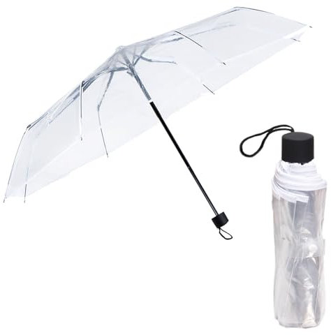Small Women Folding Strong Umbrella Clear Transparent Brolly Strong See Through PVC Plastic Folding Men Bride Party Fashion Portable Mini Brolly Dome For Events Walking Handbag Travel Festival