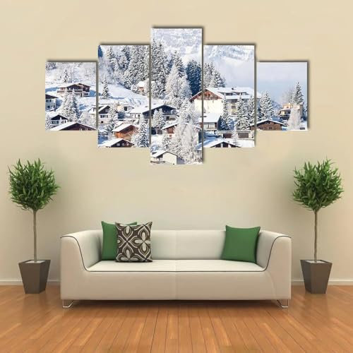 XBAKING Leinwanddrucke Poster 5 Stücke Leinwand HD-Druck Kunstwerke Winter in den Schweizer Alpen Moderne Dekorative Schlafzimmer Wandkunst Bild-Ungerahmt 150X80cm