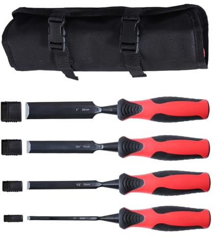 4Pcs Carpenteria Professionale Sgorbia Piatto Lavorazione Del Legno Scultura Strumento Scultura Scalpelli 6/12/19/25mm Con Borsa Attrezzature Per La Lavorazione Del Legno