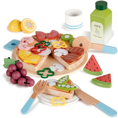 Wooden Pizza Toy with Picnic Basket, Kids Play Toy Kitchen Accessories, Pizza Toy Food Set for Kids Kitchen, Play Food Sets Gift for Girls Boys 3 4 5 Years on Birthday, Christmas, Halloween and Easter