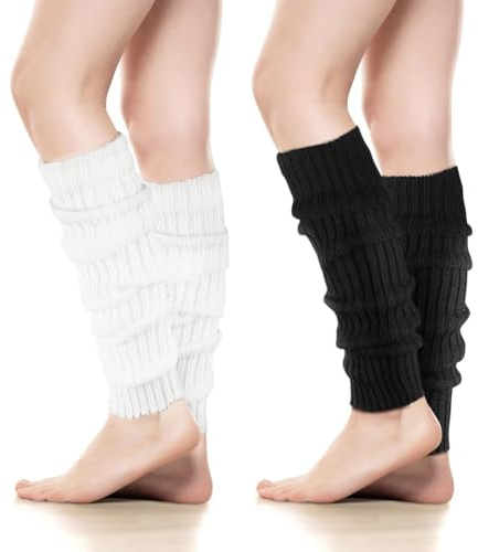 KUMSODE 2 Paio Scaldamuscoli in Cotone da Donna, Caldo e Confortevole, Calze al Ginocchio, Leg Warmers, Alze Lunghe per Calze Sportive Casual da Festa, Taglia Unica (Nero, Bianco)
