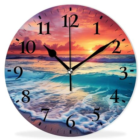 Kyvita Non-Ticking Silent Wall Clocks Battery Operated Personalized Decor Clock with Photo for Bathroom-Ocean Wave Breaking on The Beach at Sunset Beautiful Natural Background(10inch)