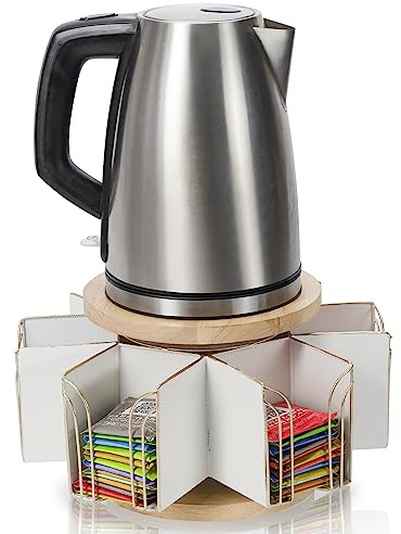 Made Easy Kit Metal Carousel Tea Bag Organizer & Kettle Stand Caddy- Modern Countertop Storage Solution for Tea Bags - Convenience for Home, Office, Kitchen (White)